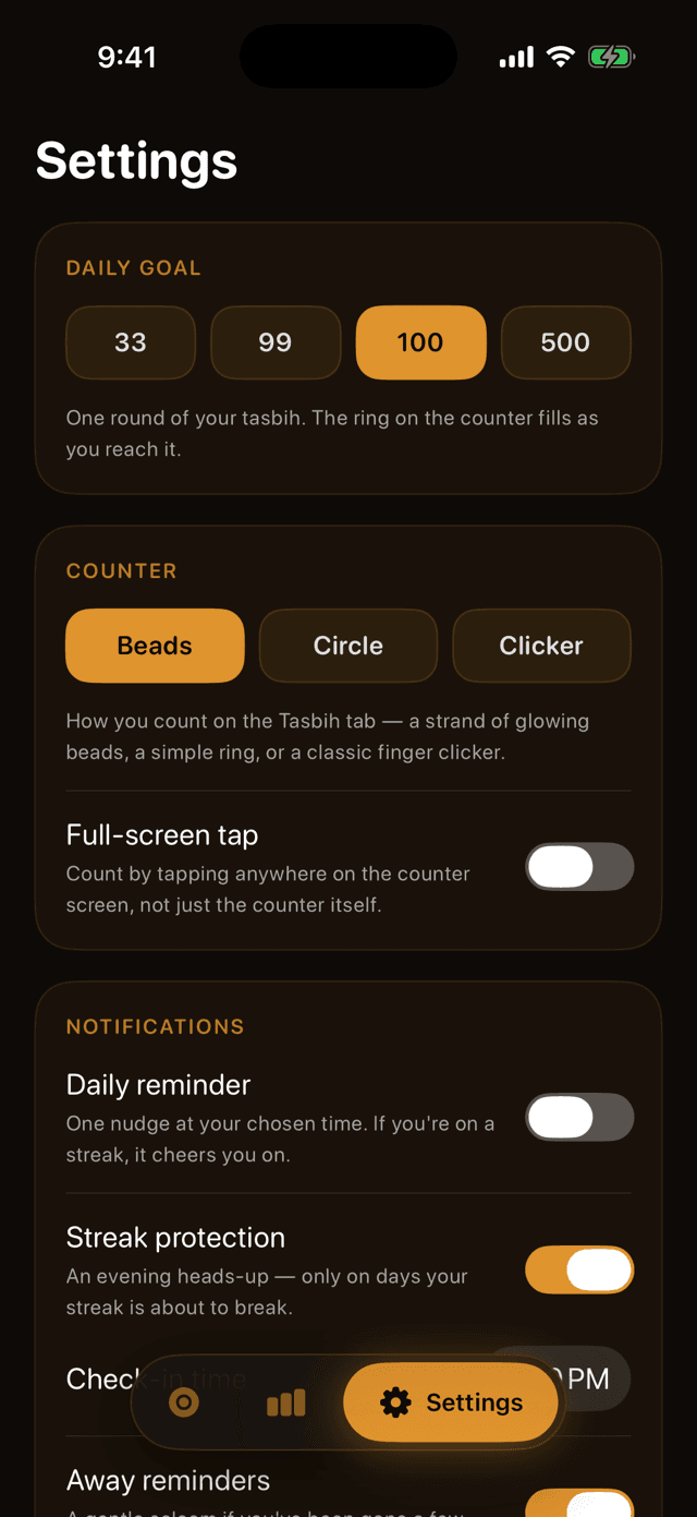 Settings — daily goal presets, counter styles, and notification toggles